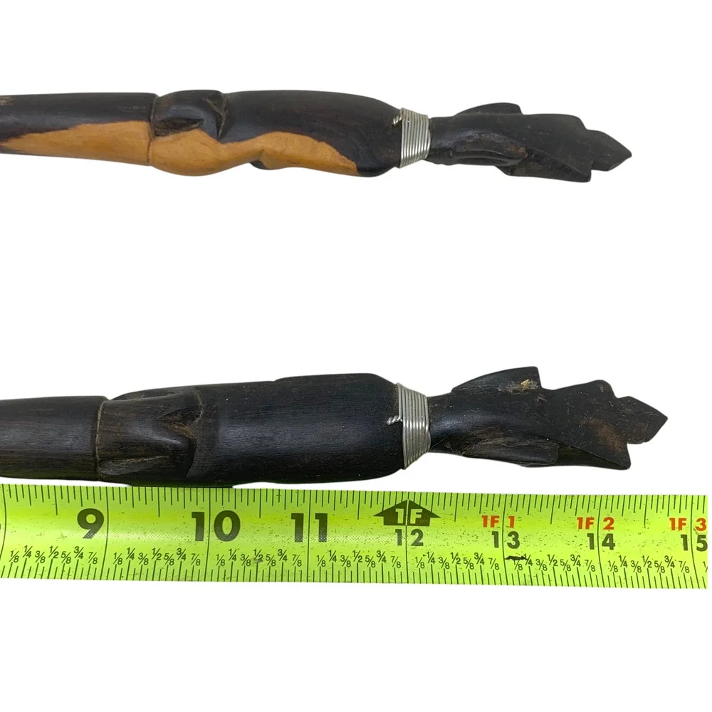 Vintage African Carved Wood Figural Salad Servers Fork Spoon Folk Art 14.5